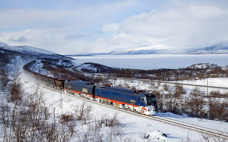train, freight train, electric locomotives, winter, snow, cold temperature, HD wallpaper