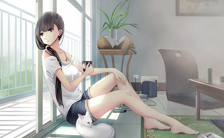 anime girl, room, coffee, cat, slice of life, real people, full length, HD wallpaper