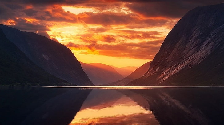 body of water between mountains in sunset wallpaper, nature, landscape