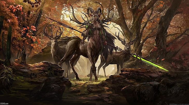 enchantress between bucks wallpaper, fantasy art, Centaur, deer