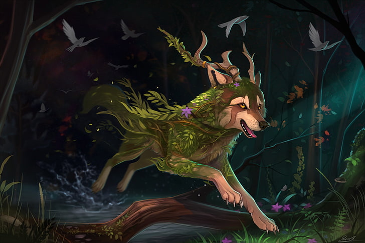 black and green dragon painting, furry, wolf, animals, fantasy art, HD wallpaper