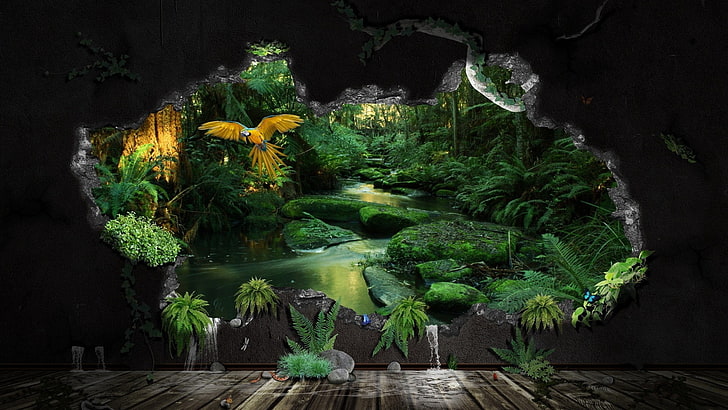 green leafed plant, digital art, CGI, nature, jungle, stream, HD wallpaper