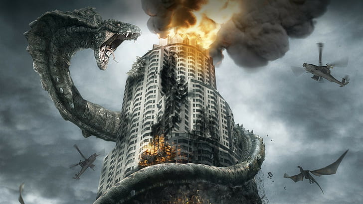 fire, dragon, smoke, the building, snake, helicopters, Cobra, HD wallpaper