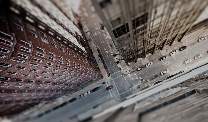 brown high-rise building, aerial view of gray road, tilt shift, HD wallpaper