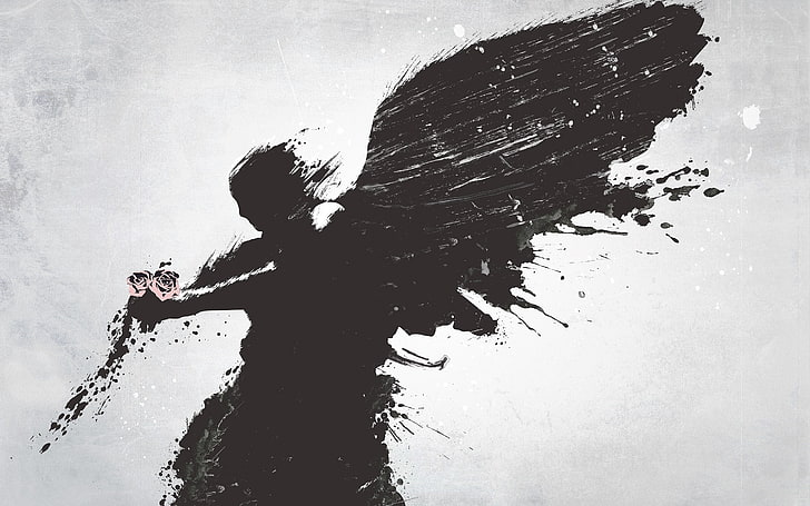 silhouette of angel illustration, wings, flower, vector, dirty, HD wallpaper