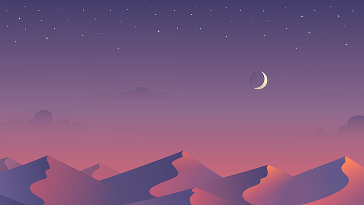 purple, the sky, stars, clouds, sunset, mountains, the moon