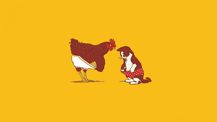 two hen and cat illustration, chickens, minimalism, animals, yellow