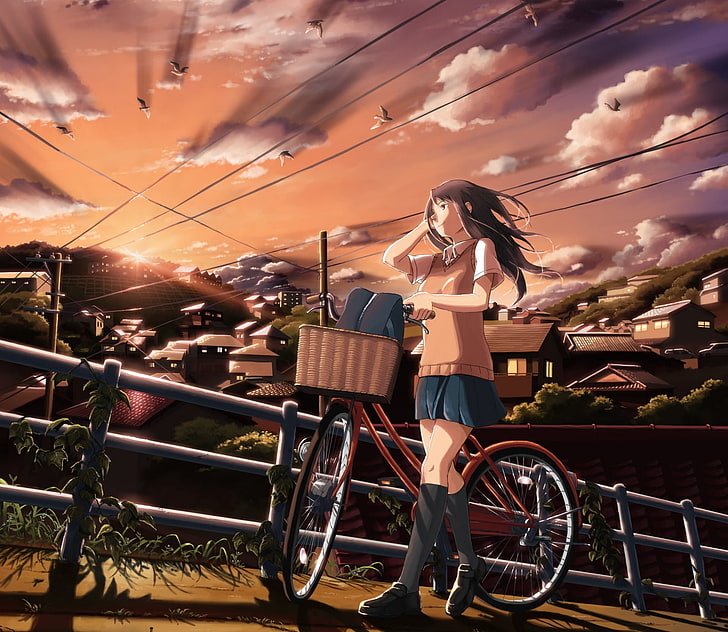 black-haired anime girl with bicycle digital wallapper, the sky, HD wallpaper