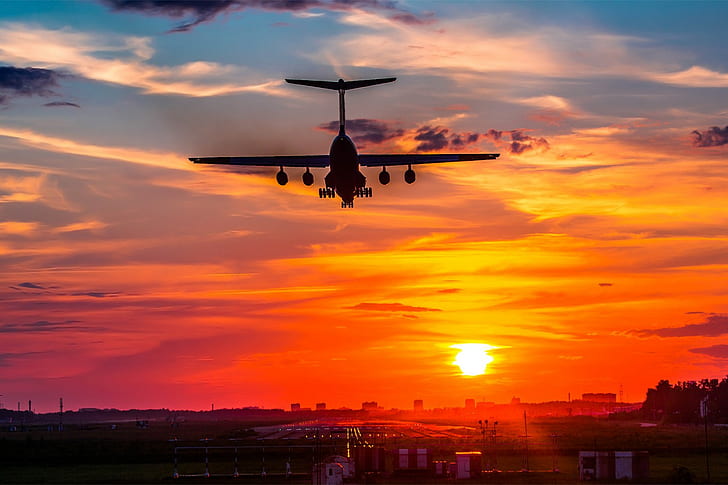 aircraft, landing, sunset, il-76, HD wallpaper