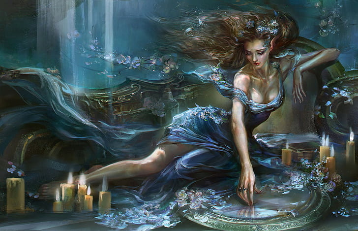 fantasy girl, candles, fantasy art, blue dress, artwork, HD wallpaper
