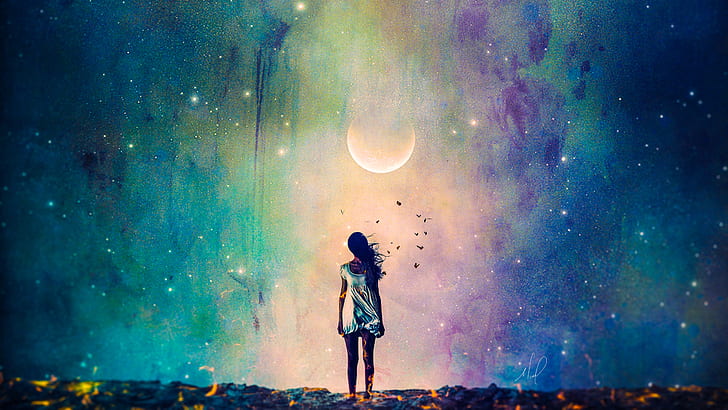 Artistic, Fantasy, Alone, Full Moon, Girl, Sad, Sky, HD wallpaper