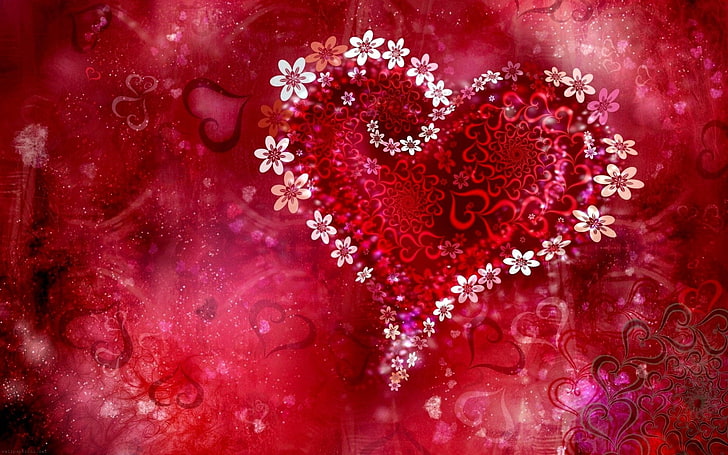 red and white floral heart digital wallpaper, Artistic, Love