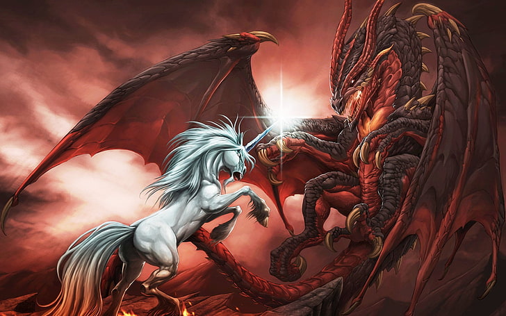 Hd Wallpaper White Unicorn And Red Dragon Illustration Fantasy Art And Craft Wallpaper Flare