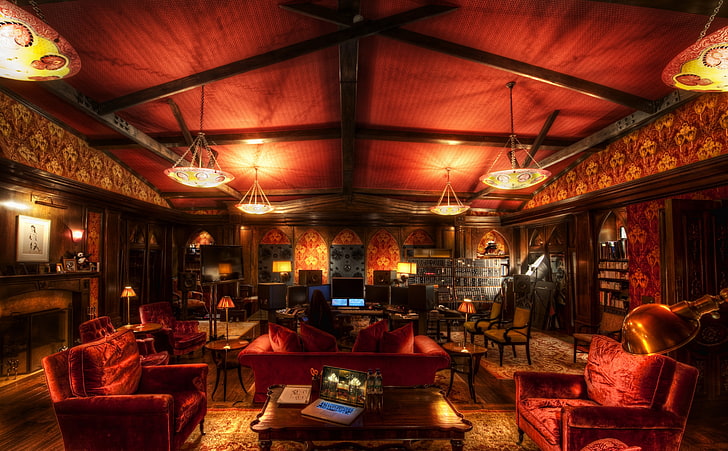 Hans Zimmer's Music Room, red velvet couches, Architecture, Interior