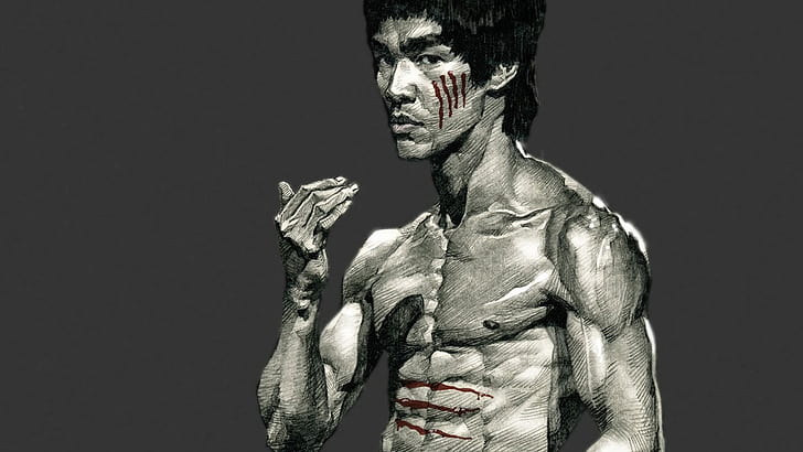 Bruce Lee Taunting HD, blood, fighting, grey, scratched, HD wallpaper