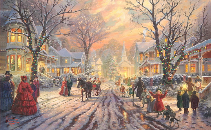 Victorian Christmas Carol by Thomas Kinkade, people walking on snow covered road between houses painting
