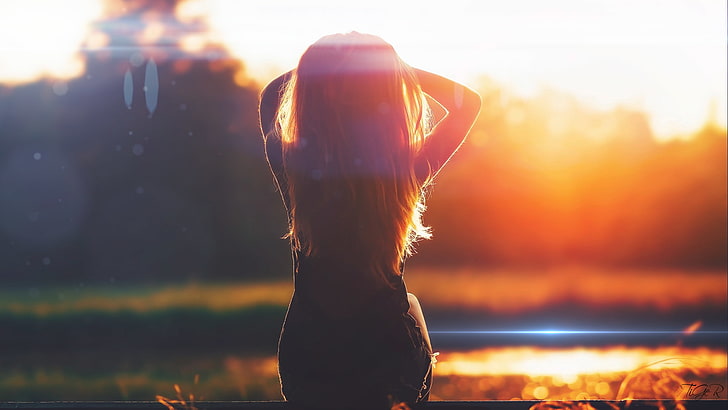lens flare, women, long hair, one person, sunset, hairstyle