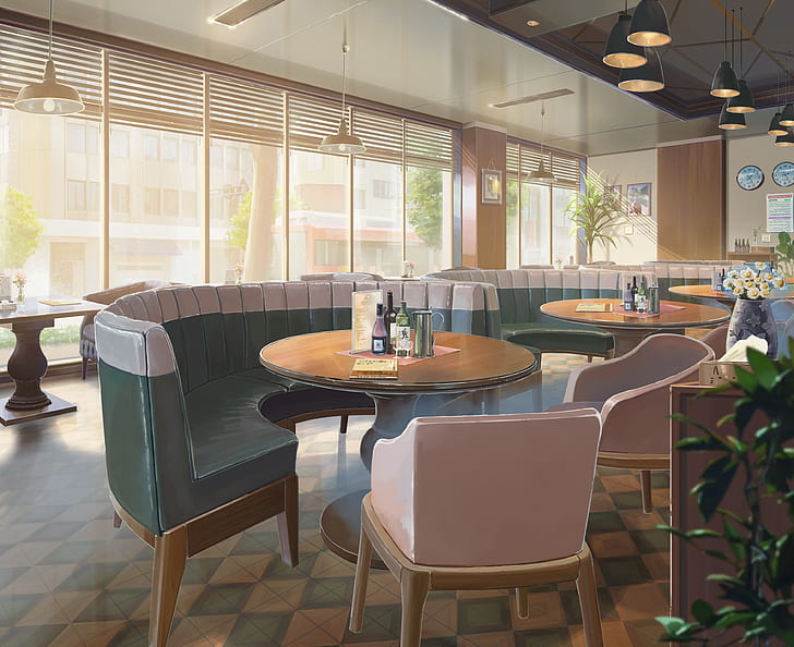 Hd Wallpaper Anime Original Chair Coffee Shop Table