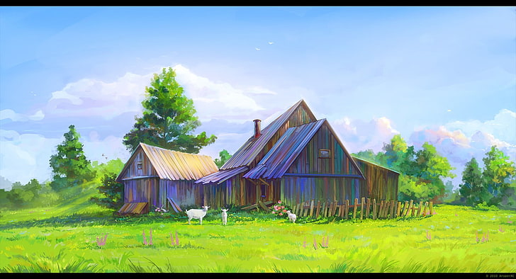 brown wooden house painting, barns, sheep, artwork, plant, architecture
