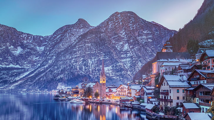gray mountain, winter, mountains, lake, home, Austria, Alps, Hallstatt
