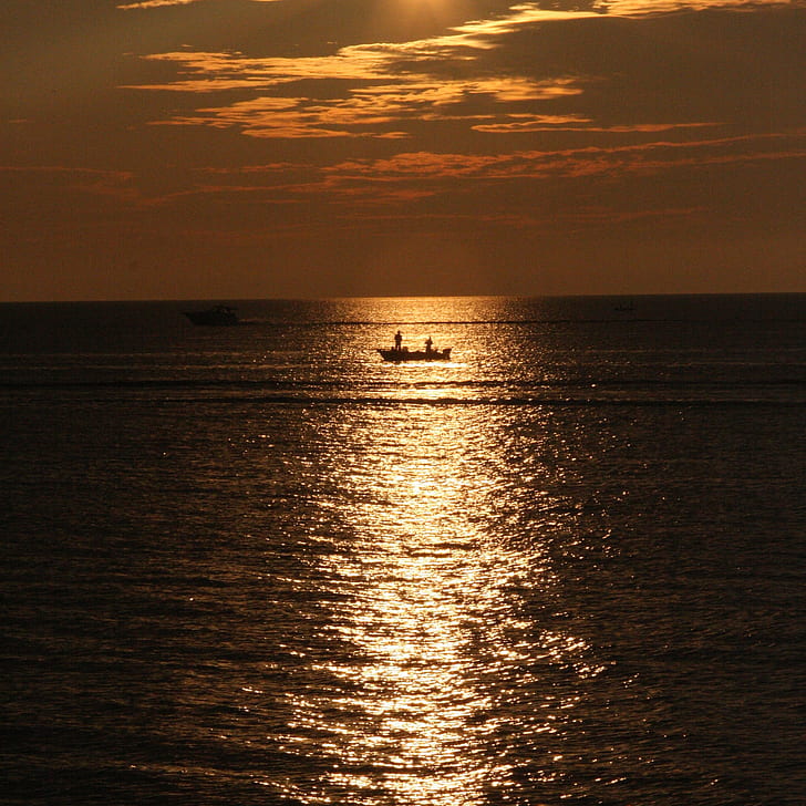 ocean under dawn, Fishing, sunset, sea, nature, dusk, silhouette, HD wallpaper