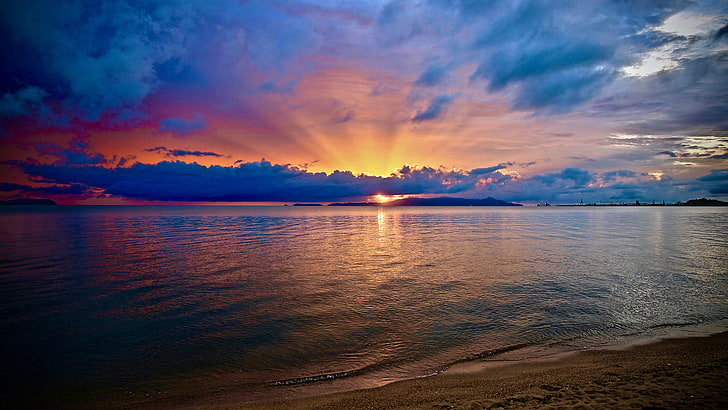 sea digital wallpaper, photography, sunset, beach, clouds, cyan, HD wallpaper