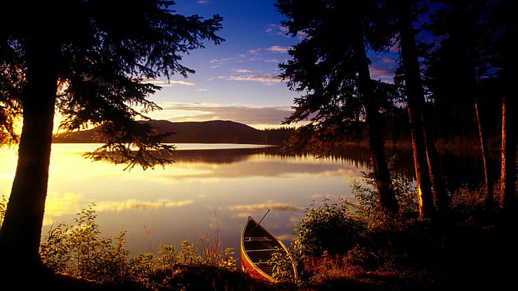 Boat, lake, sunset, trees, beautiful natural scenery
