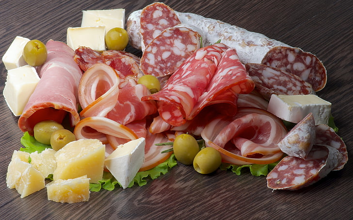 ham lot, greens, cheese, olives, sausage, bacon, cuts, food, meat, HD wallpaper