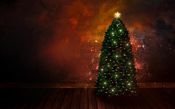 lighted green Christmas tree, christmas lights, celebration, decoration, HD wallpaper