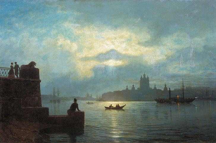 two people beside statue painting, picture, Moonlit night on the Neva