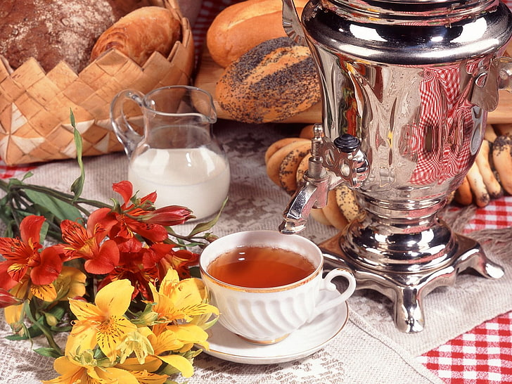white ceramic mug, tea, samovar, milk, bread, cup, drink, breakfast