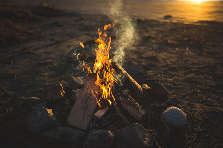 gray stone and bonfire, rock, wood, sunset, smoke, flame, burning, HD wallpaper