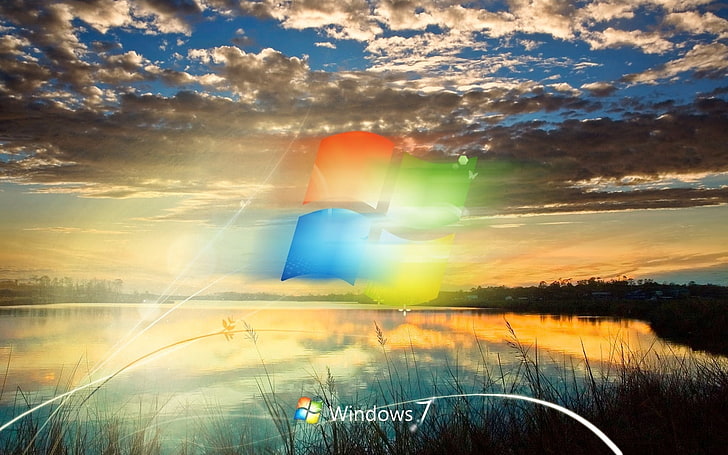 HD wallpaper: Windows 7 logo, clouds, sunset, water, shore, nature, summer  | Wallpaper Flare