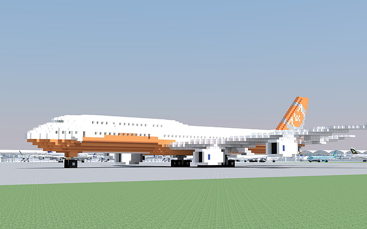 white and orange airliner, aircraft, airplane, Boeing 747, 3D Blocks, HD wallpaper