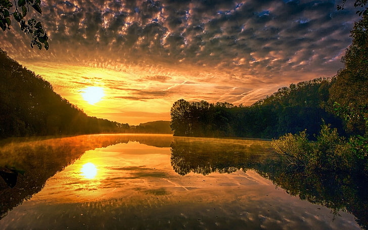 HD wallpaper: nature, landscape, water, mist, liquid, lake, sunset ...