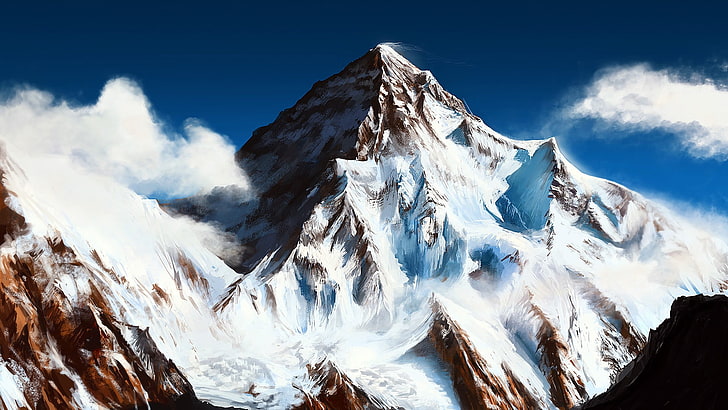 icy mountain painting, mountains, snow, snowy peak, scenics - nature