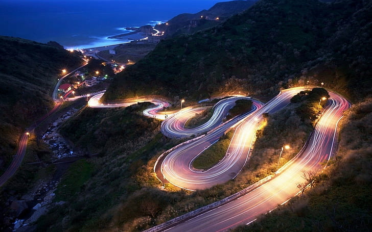 road, light trails, hairpin turns, coast, landscape, mountains, HD wallpaper