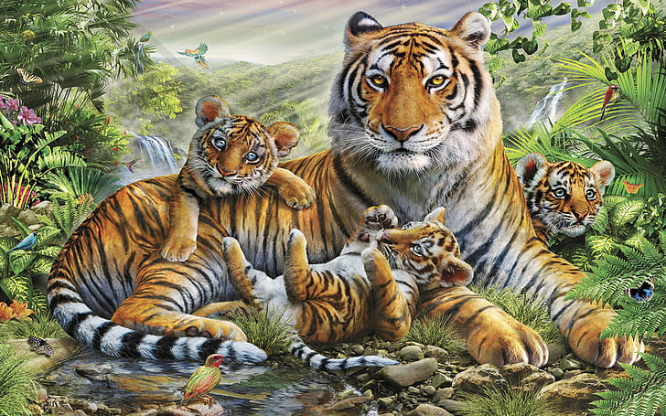 Jungle Animal Tiger With Her Cubs Abstract Wallpaper Hd 1920×1200, HD wallpaper