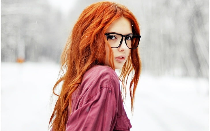 women's eyeglasses with black frames, redhead, pale, women outdoors