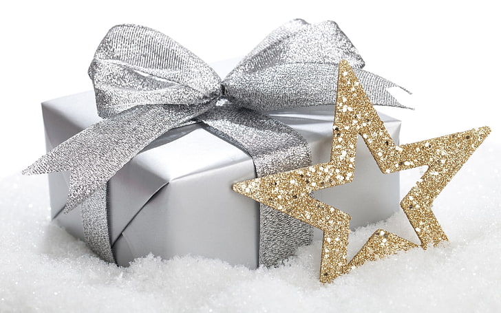 square silver gift box and gold star decor, holiday, sequins, HD wallpaper