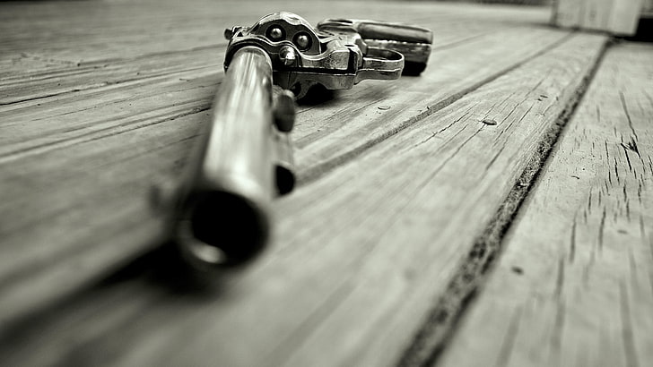 gray revolver, gun, closeup, revolvers, weapon, wood - material