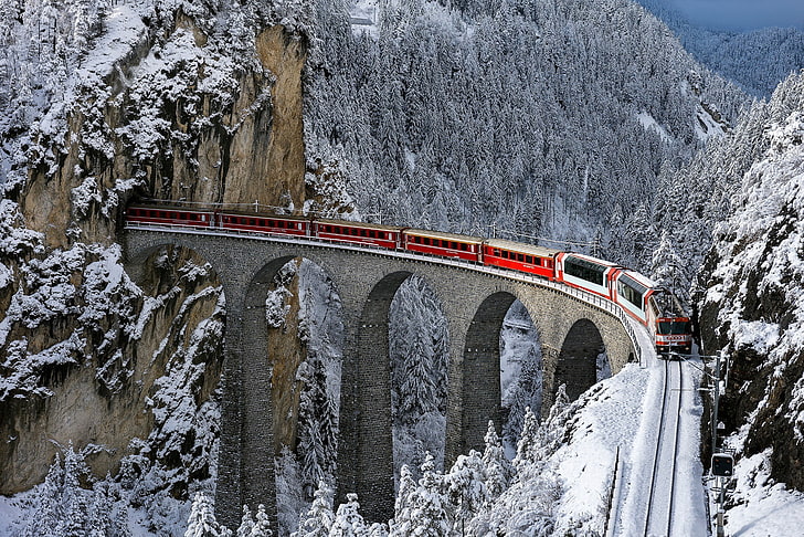 HD wallpaper: bridge, forest, mountain, Railway, snow, Switzerland, Train |  Wallpaper Flare