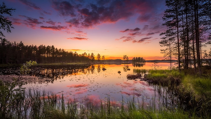 reflection, helvetinjarvi national park, burning sunset, wetland
