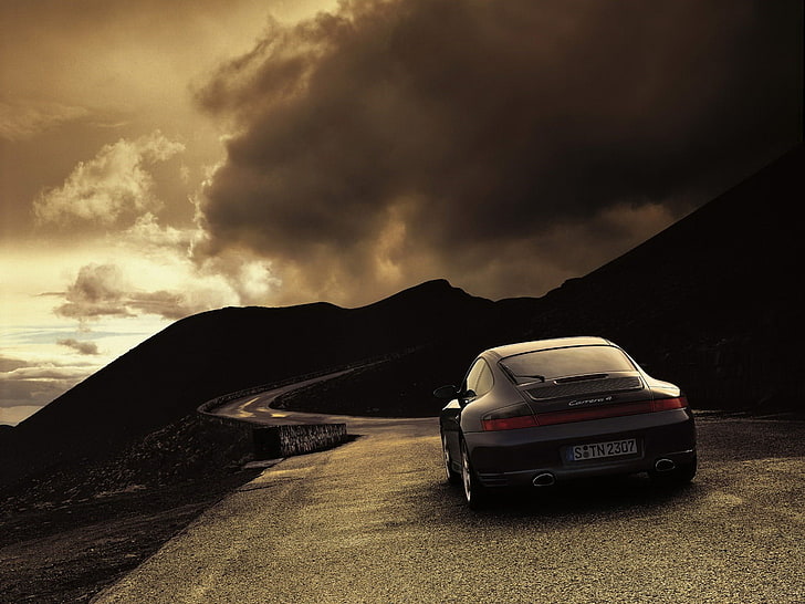 black Porsche Carrera, road, clouds, 911, 997, Weather, Carrera 4, HD wallpaper