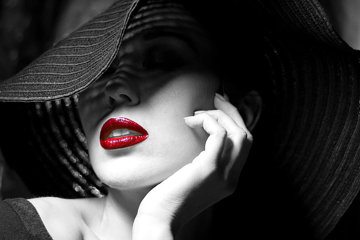 women's red lipstick, girl, face, hand, makeup, hat, make-up