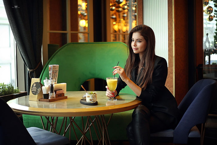 Dmitry Arhar, women, model, table, cafes, brunette, leather pants, HD wallpaper