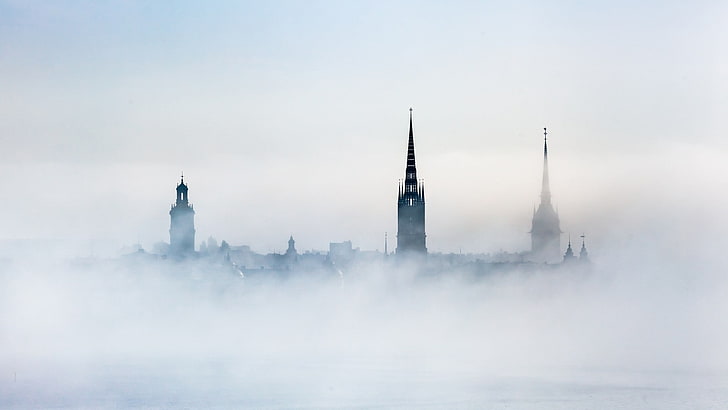 city, mist, fog, architecture, sky, built structure, travel destinations, HD wallpaper