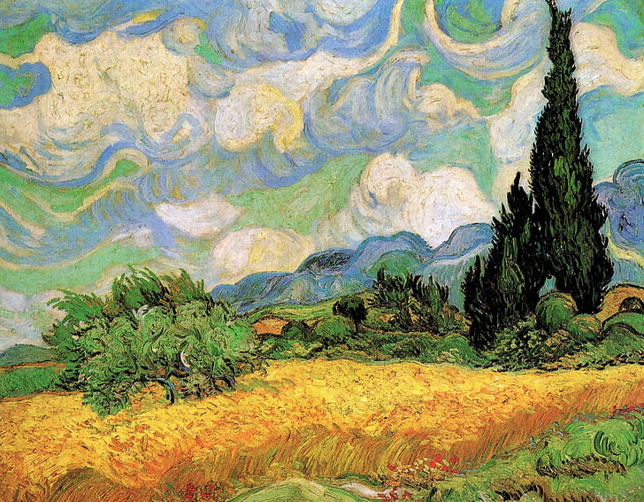 Vincent van Gogh, Wheat Field with, Galline Near, Cypresses at the Haute