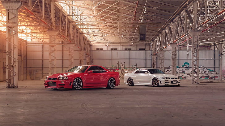 Nissan Skyline GT-R R34, Japanese cars, JDM, red cars, white cars, HD wallpaper