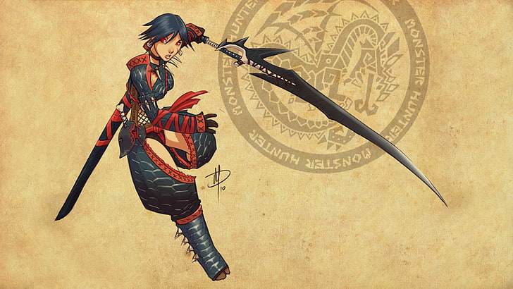 woman holding sword illustration, Monster Hunter, nargacuga, one person